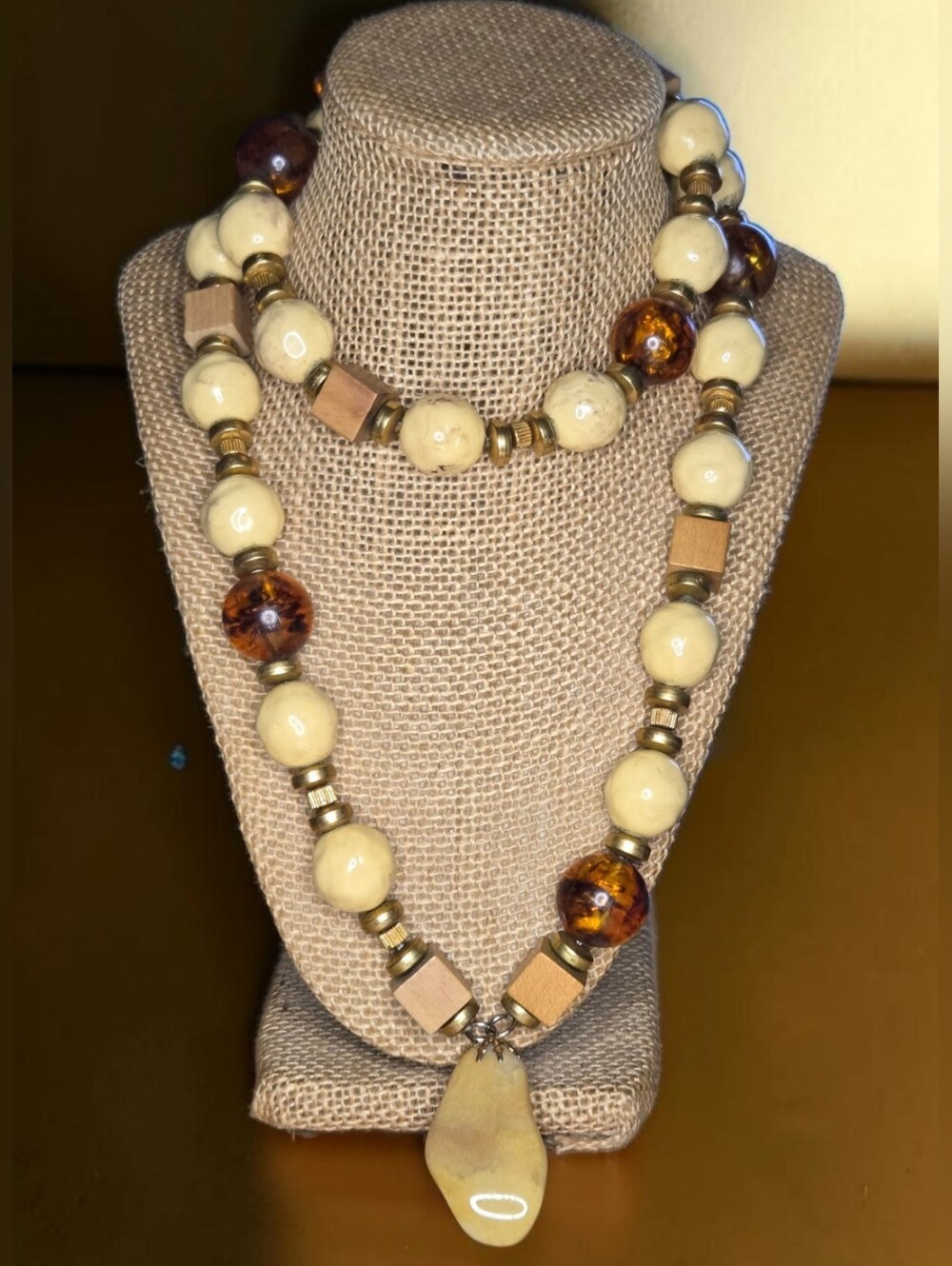 Vintage 34-Inch Heavy Tagua Nut & Amber Lucite Statement Necklace